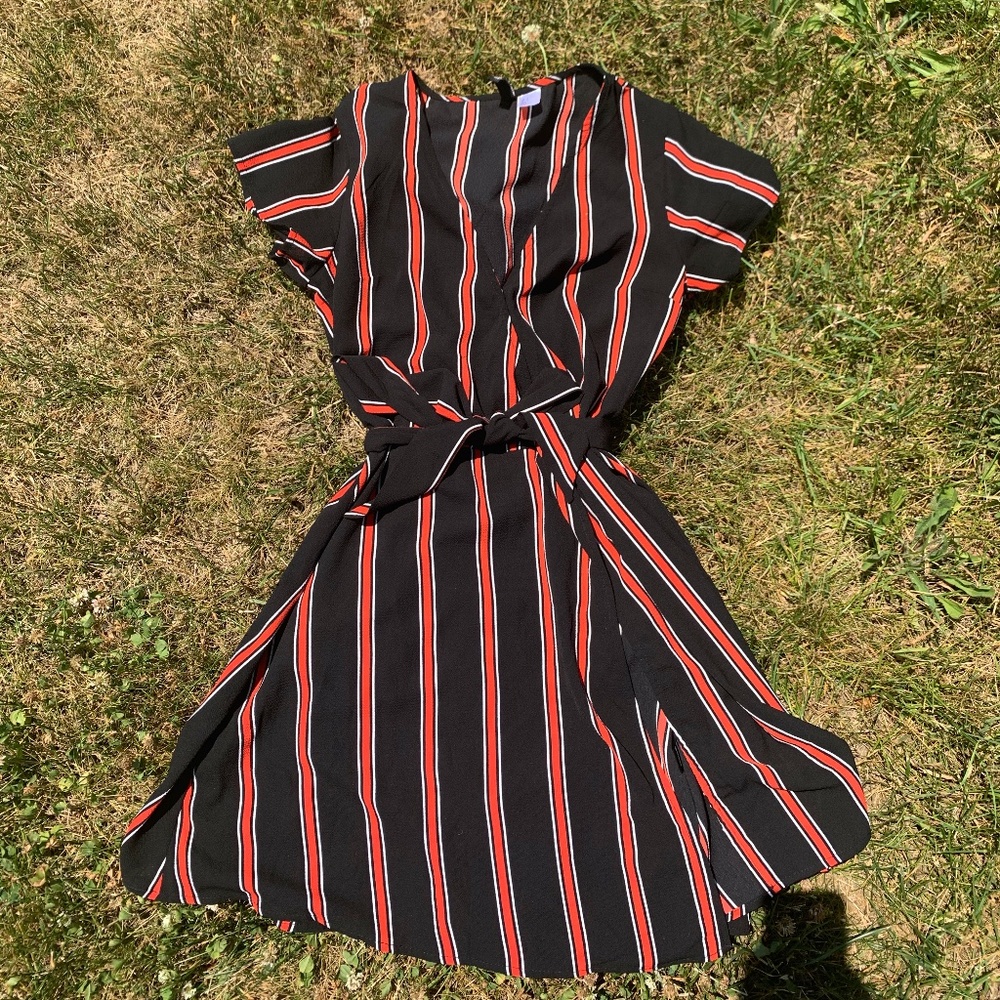 Black and Red Striped Wrap Dress